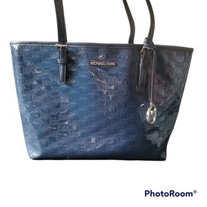 Michael Kors Blue Patent Leather MK Log Tote Bag